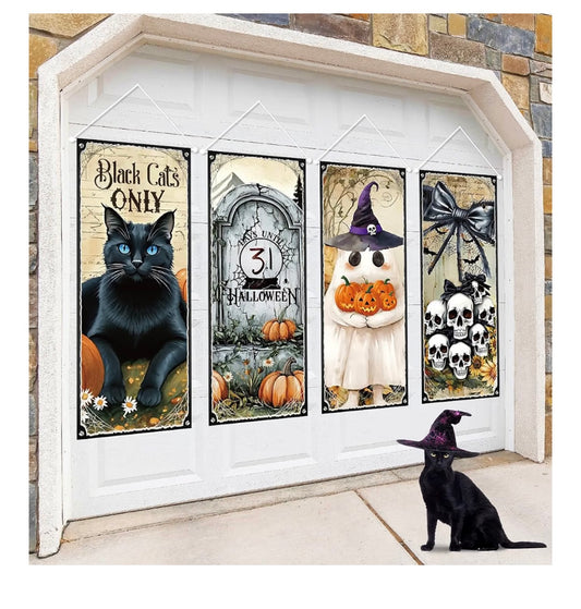 Halloween Decorations 4PCS Vintage Hanging Banner Black Cat Skull Ghosts Horror Decor for Outdoor Wall Art Porch Sign Backdrop for Haunted Mansion Halloween Decorations