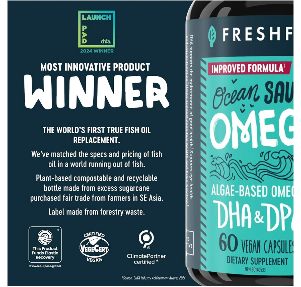 Freshfield Omega 3, DHA Supplements, Algae Oil, Vegan Omega, Ocean Saving Fish Oil Replacement, Sustainably Sourced, Highest Levels of DHA per Capsule, w/DPA