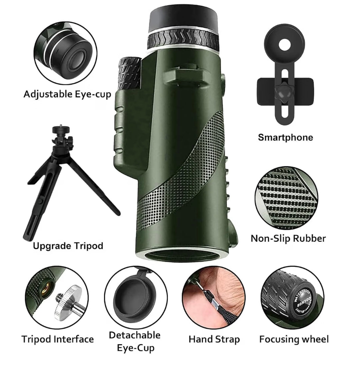 Monocular-Telescope 80x100 High Powered for Adults Monocular for Smartphone Adapter Telescope Hunting Wildlife Bird Watching Travel Camping Hiking-Green