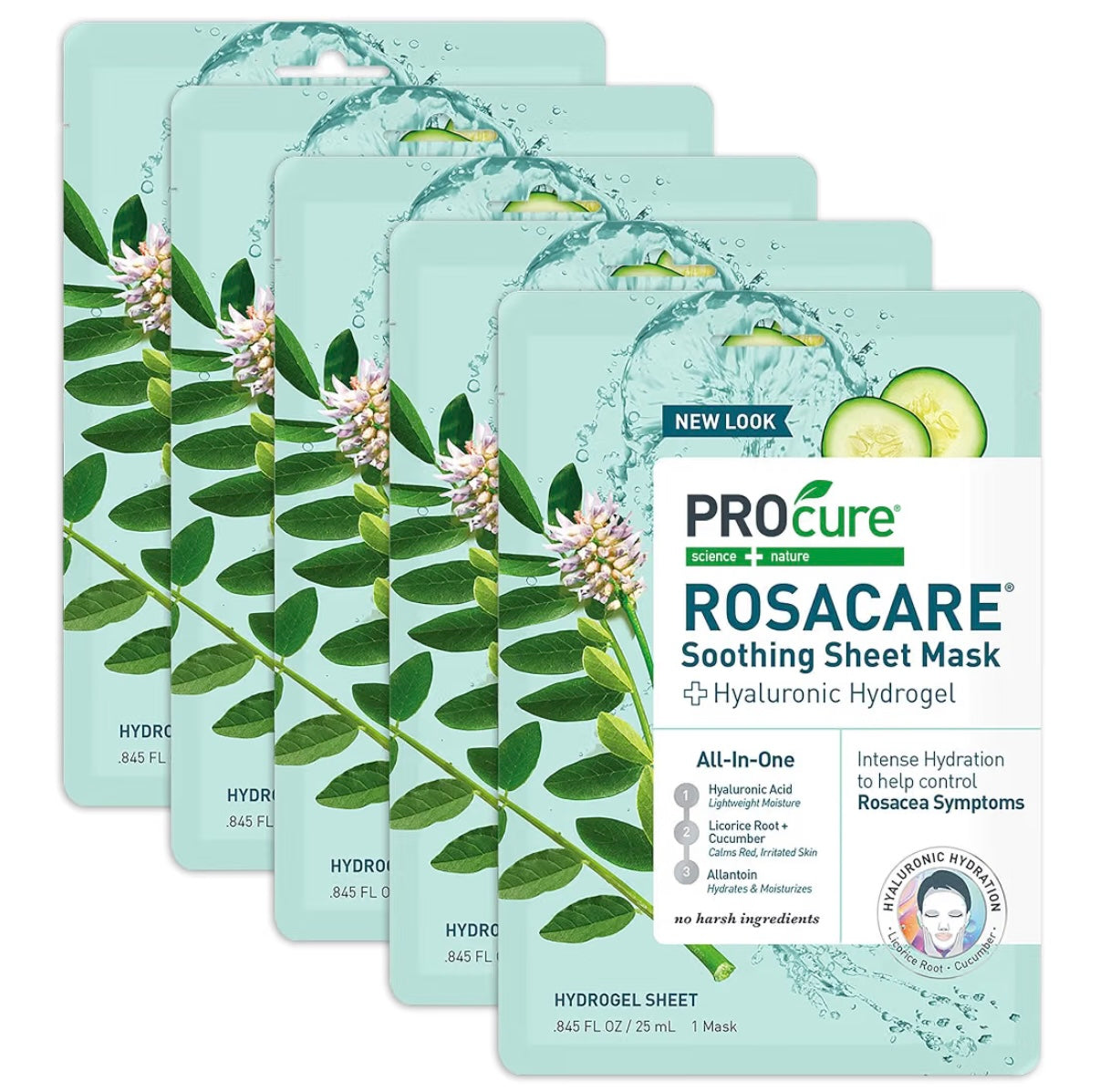 PROcure Rosacare Redness Relief Sheet Mask 5-Pack - Hyaluronic Acid Hydrating hyaluronic acid sheet masks calm visible redness for a soothed, refreshed complexion