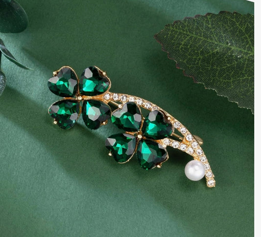 Good Luck Charm Green Four Leaf Clover Brooch Pins Rhinestone Crystal Valentines Flower Lapel Brooches