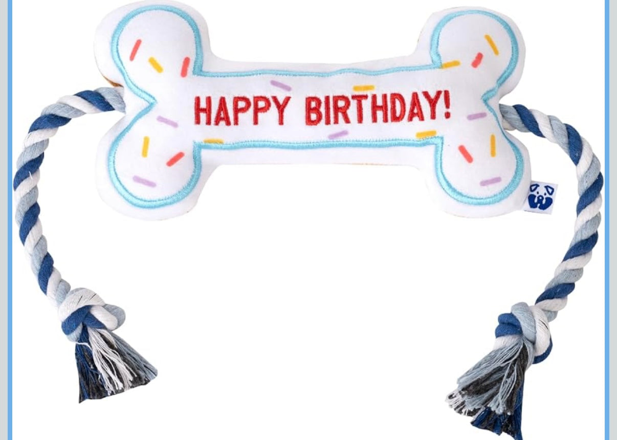 PAWTY Birthday Bone Dog Toy - Funny Interactive Tug Rope Squeaky Dog Birthday Gift - Plush White Bone Toy for Small Medium Dogs - Dog Birthday Party Supplies