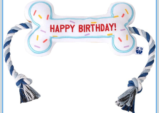 PAWTY Birthday Bone Dog Toy - Funny Interactive Tug Rope Squeaky Dog Birthday Gift - Plush White Bone Toy for Small Medium Dogs - Dog Birthday Party Supplies