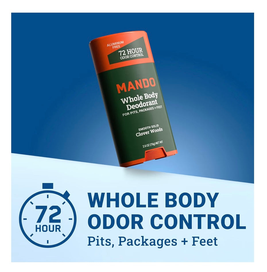 Mando Whole Body Deodorant For Men - Solid Stick - 2.6 oz, 2 pk - Woods 72 Hour Odor Control with Mandelic Acid. Use on underarms, chest, feet & below the best. Aluminum Free & Baking Soda Free