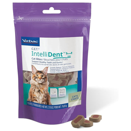 Virbac C.E.T. Intellident Cat Bites for Dental Care Crunchy cat bites for tartar control, supports healthy teeth and gums, chicken flavor bites, cat oral care hygiene