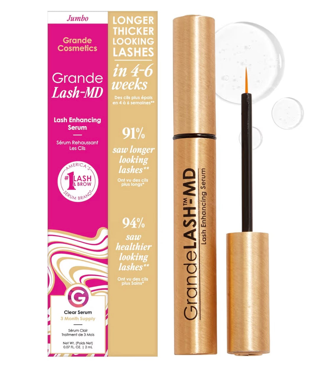 Grande Cosmetics GrandeLASH-MD Lash Enhancing Serum - Peptide & Vitamin Infused Formula for Longer, Thicker, Fuller Looking Lashes - Ophthalmologist Tested, Cruelty-Free, 6 Week Supply (1mL