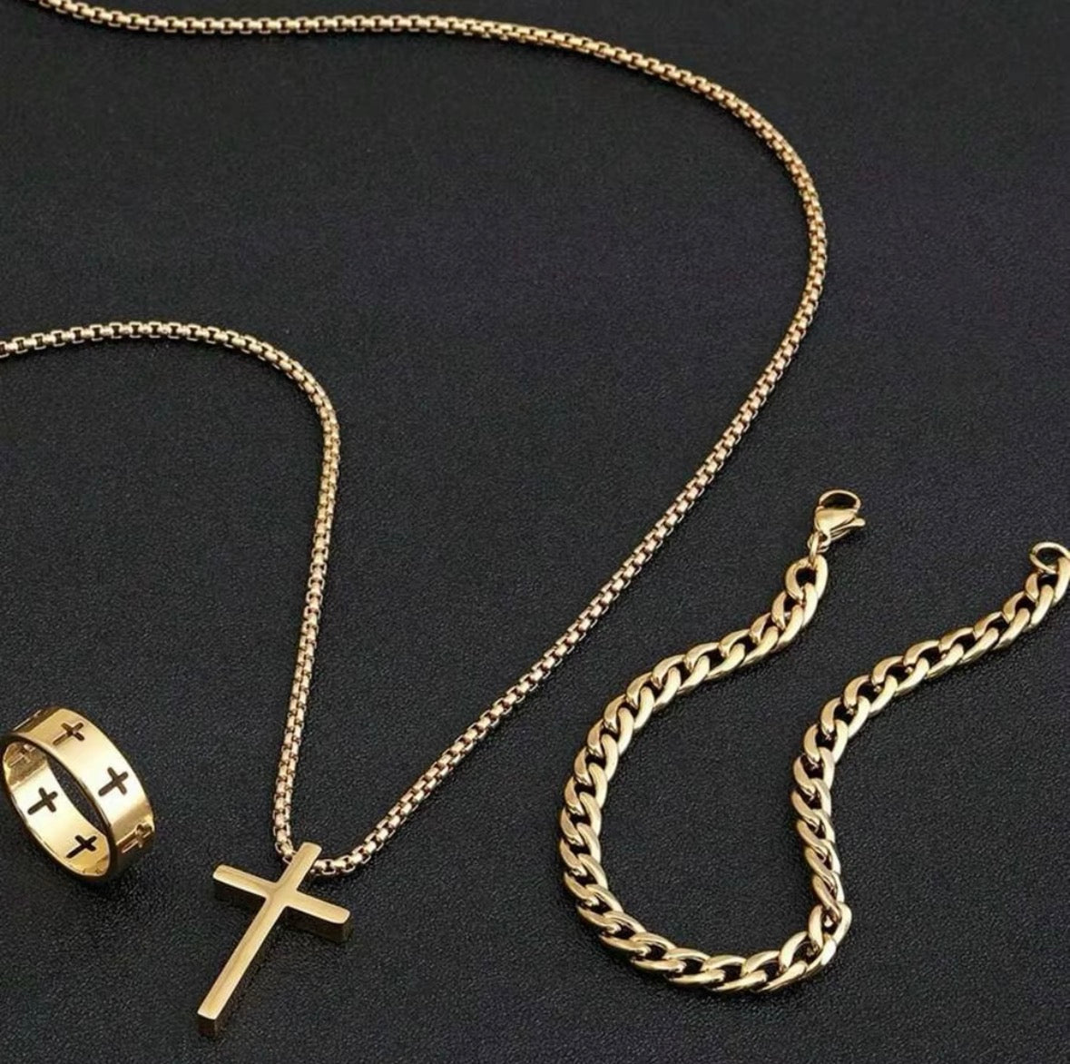 Unisex Punk Cross Necklace Bracelet Chain Ring Men's Set Stainless Steel