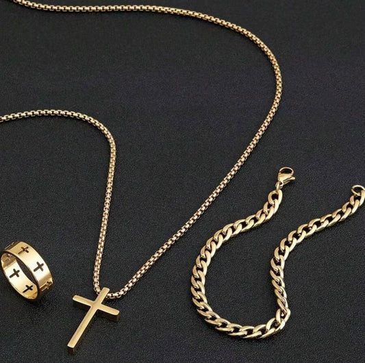 Unisex Punk Cross Necklace Bracelet Chain Ring Men's Set Stainless Steel