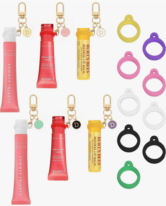 Lipstick Holder Key Chain - 6 Pack Alphabet Letter Keychain with 9 Rubber Ring, Bag Charms Accessories