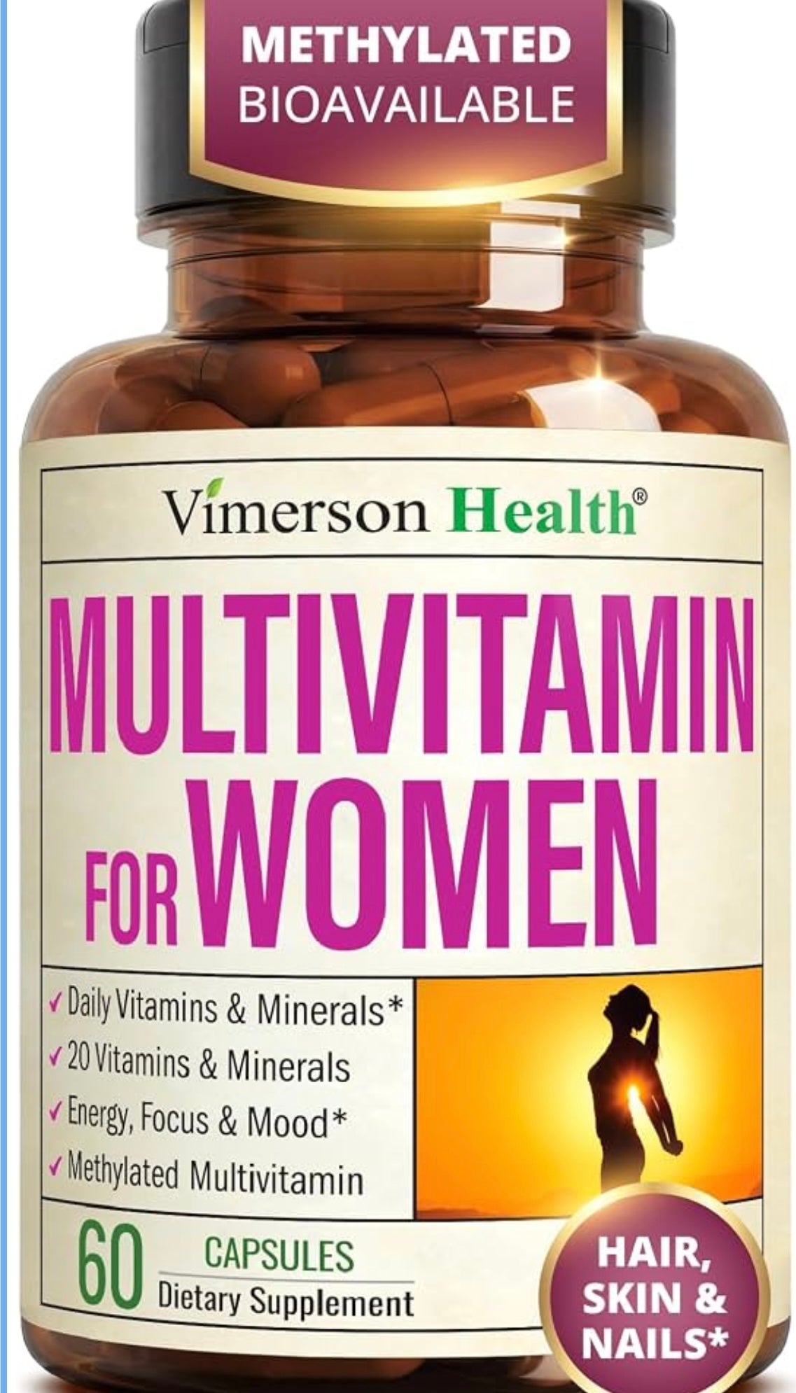 Vimerson Health Multivitamin for Women: Methylated B Vitamins, Chelated Minerals and Bioavailable D3 for Focus and Energy Support – Daily Womens Multivitamins and Multiminerals – 60 Capsules (Best Before 06/27)