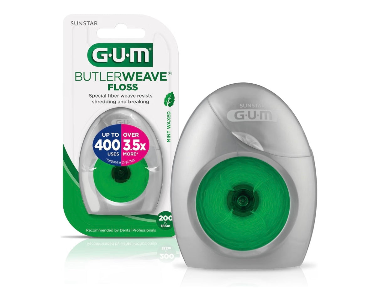 GUM ButlerWeave Woven Dental Floss, Mint Waxed, 1 Count Shred-resistant woven thread, Slides easily between tight teeth, Cleans below gum line, Plastic dispenser, 200 yd spool