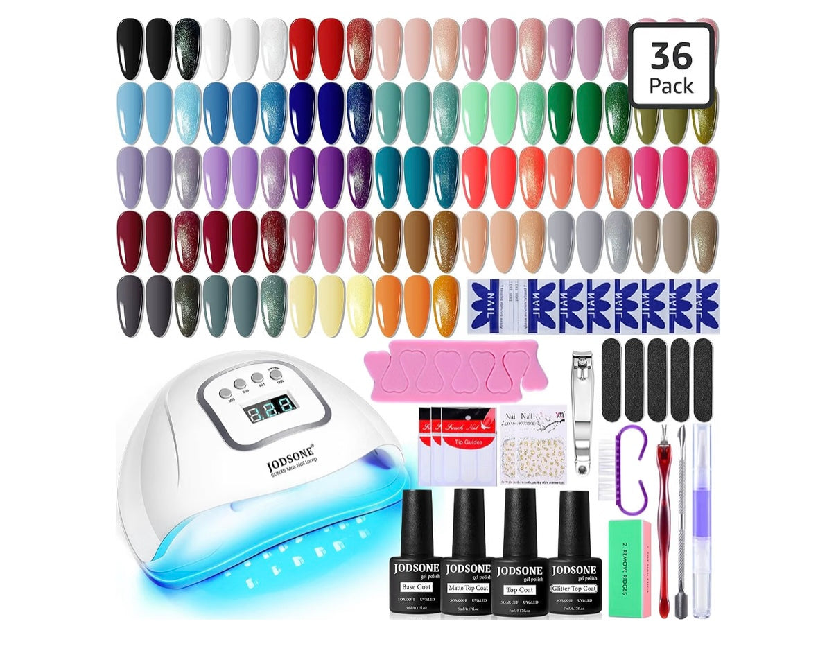 JODSONE Gel Nail Polish Kit with U V Light 32 Colors Gel Polish Nail + 4 Functional Adhesive Bottles Kit Soak Off Manicure Tools Gifts for Women
