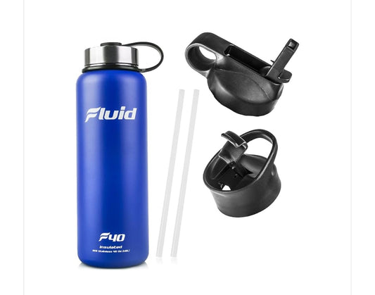 Fluid Insulated Stainless Steel Water Bottle by Sports (Midnight Blue) - 40 Oz, Wide Mouth, BPA Free, Bonus Flip-top Lid Included