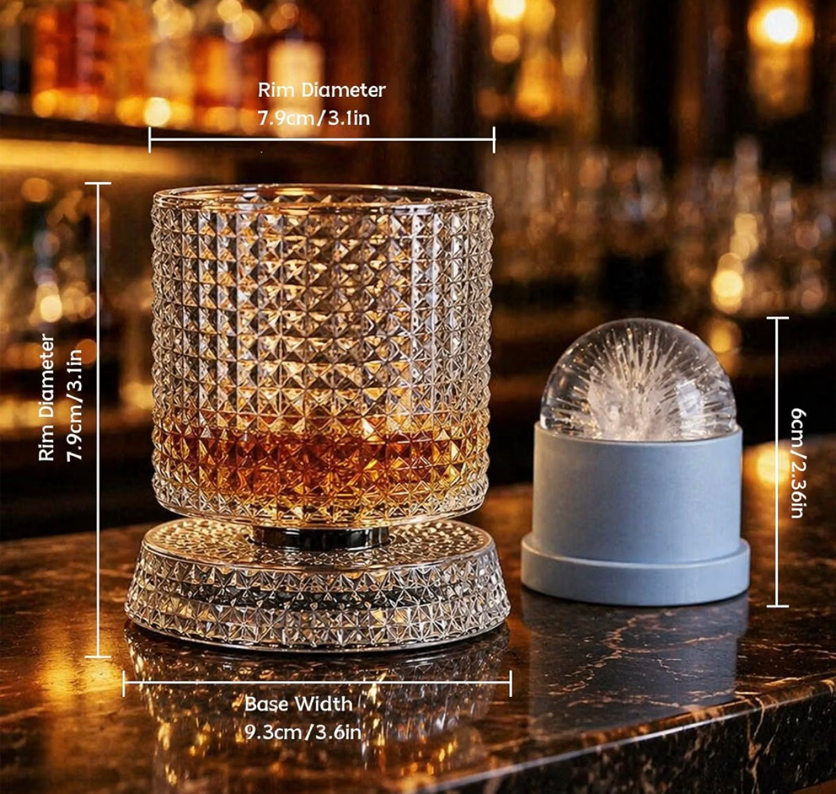 Crystal Whiskey Glass & Large Ice Ball Mold Set, 360° Rotating Bourbon Tumbler, Kinetic Glassware for Home Bar