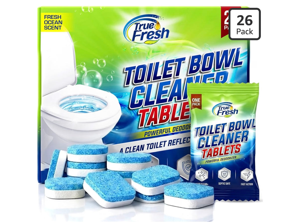 True Fresh Toilet Bowl Cleaner Tablets, 26 Pack, Septic Safe, Ocean Scent Bleach-Free Deodorizer & Stain Remover Toilet Cleaning Tablets - Drop-In Toilet Bowl Tabs for Fresh, Clean Results