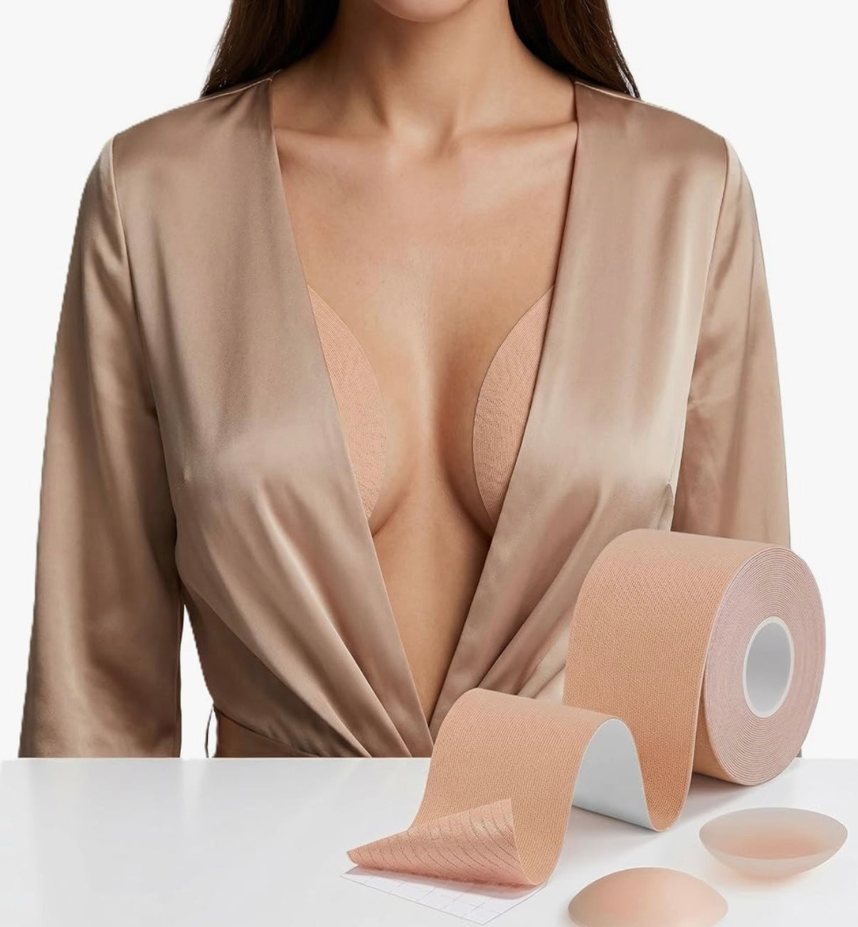 Enclave Breast Lift Adhesive Strips for Women, Push Up Invisible Support for Backless Strapless Dresses, Waterproof Body Tape with Silicone Nipple Covers Kit Beige