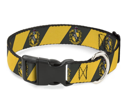 Hufflepuff Crest Diagonal Stripe Charcoal Gray Yellow Durable Adjustable ID Tag Ring Side Release -  1.5" Wide - Fits 16-23" Neck - Medium