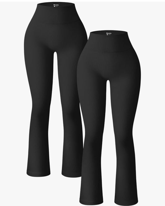 OQQ Women's 2 Piece Yoga Pants Ribbed Seamless Workout High Waist Bell Bottoms Flare Leggings  (Size Small)