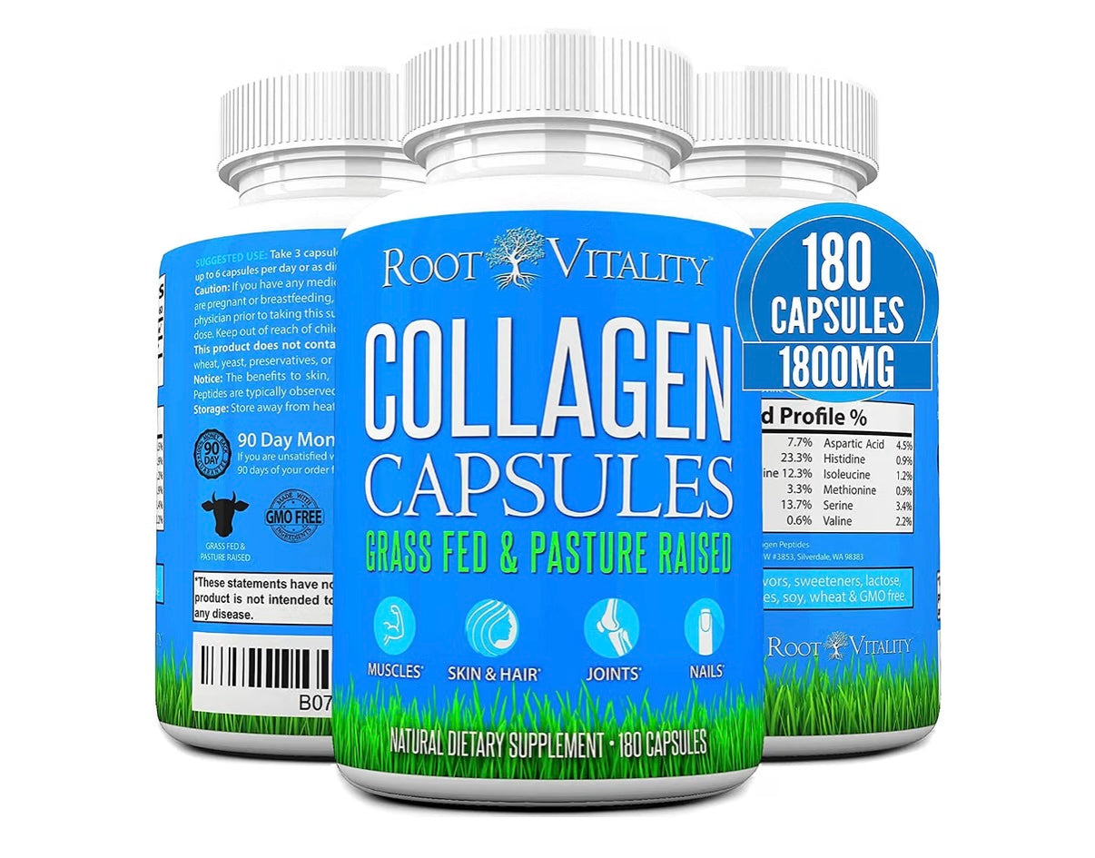Root Vitality Collagen Peptides Capsules - 180 Count Grass-Fed, Pasture-Raised Hydrolyzed Protein Supplement for Skin, Hair, & Nails - Non-GMO, Zero Sugar Daily Pills for Adults Best Before 08/27