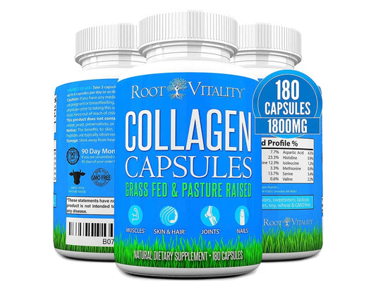 Root Vitality Collagen Peptides Capsules - 180 Count Grass-Fed, Pasture-Raised Hydrolyzed Protein Supplement for Skin, Hair, & Nails - Non-GMO, Zero Sugar Daily Pills for Adults Best Before 08/27