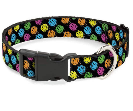 Buckle-Down Plastic Clip Dog Collar Smiley Faces Melted Mini Repeat Angle Black Multi Neon Durable Adjustable ID Tag Ring Side Release 1" Wide - Fits 15-24" Neck - Large