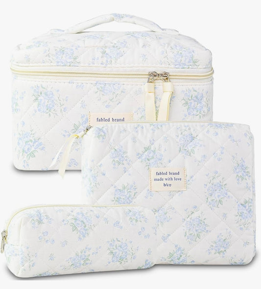 Makeup Bag, 3 PCS Quilted Makeup Bag, Cute Floral Cotton Cosmetic Bag set, Coquette Makeup Pouch Large Travel Toiletry Bag