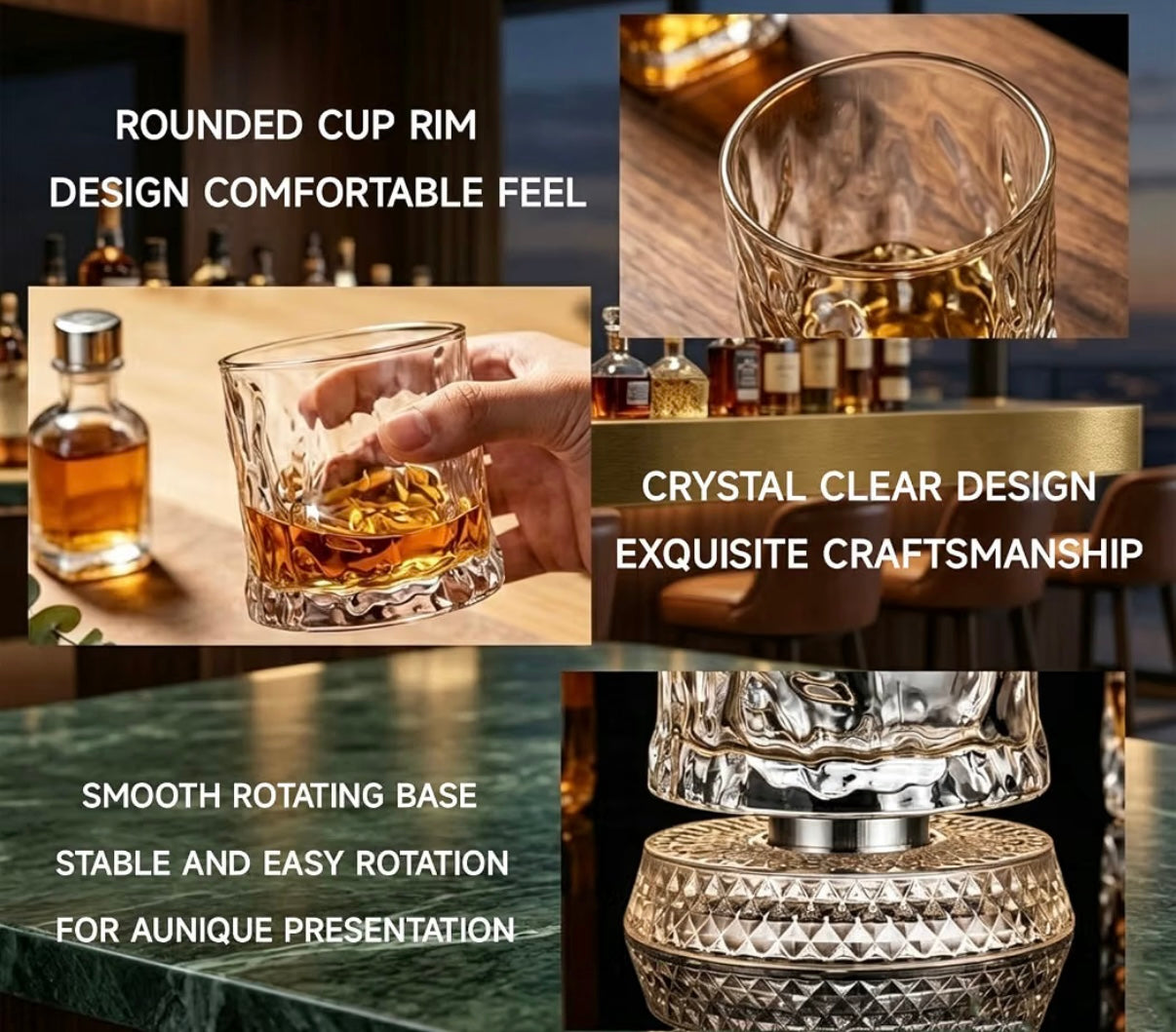 Crystal Whiskey Glass & Large Ice Ball Mold Set, 360° Rotating Bourbon Tumbler, Kinetic Glassware for Home Bar