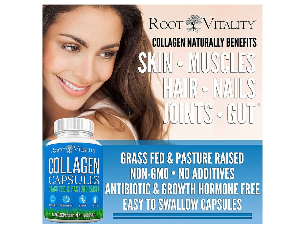 Root Vitality Collagen Peptides Capsules - 180 Count Grass-Fed, Pasture-Raised Hydrolyzed Protein Supplement for Skin, Hair, & Nails - Non-GMO, Zero Sugar Daily Pills for Adults Best Before 08/27