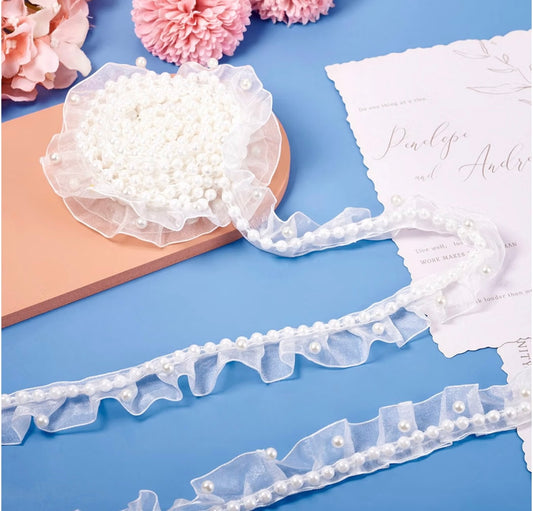 10 Yards Polyester Lace Trims Ribbon White Pearl Lace Mesh Two Rows 1 Inch Pearl Beaded Trim for Bridal Wedding DIY Decorations Sewing Making
