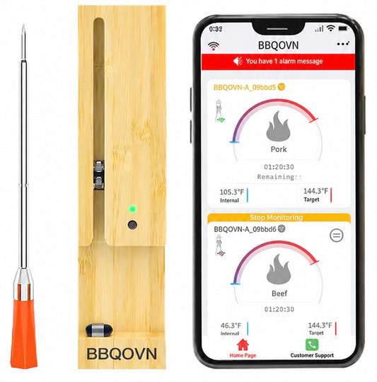 BBQOVN Smart Wireless Meat Thermometer Zero Wire with APP Remote Bluetooth Meat Thermometer, Food Thermometer for Remote Monitoring of BBQ Grill, Oven,Smoker