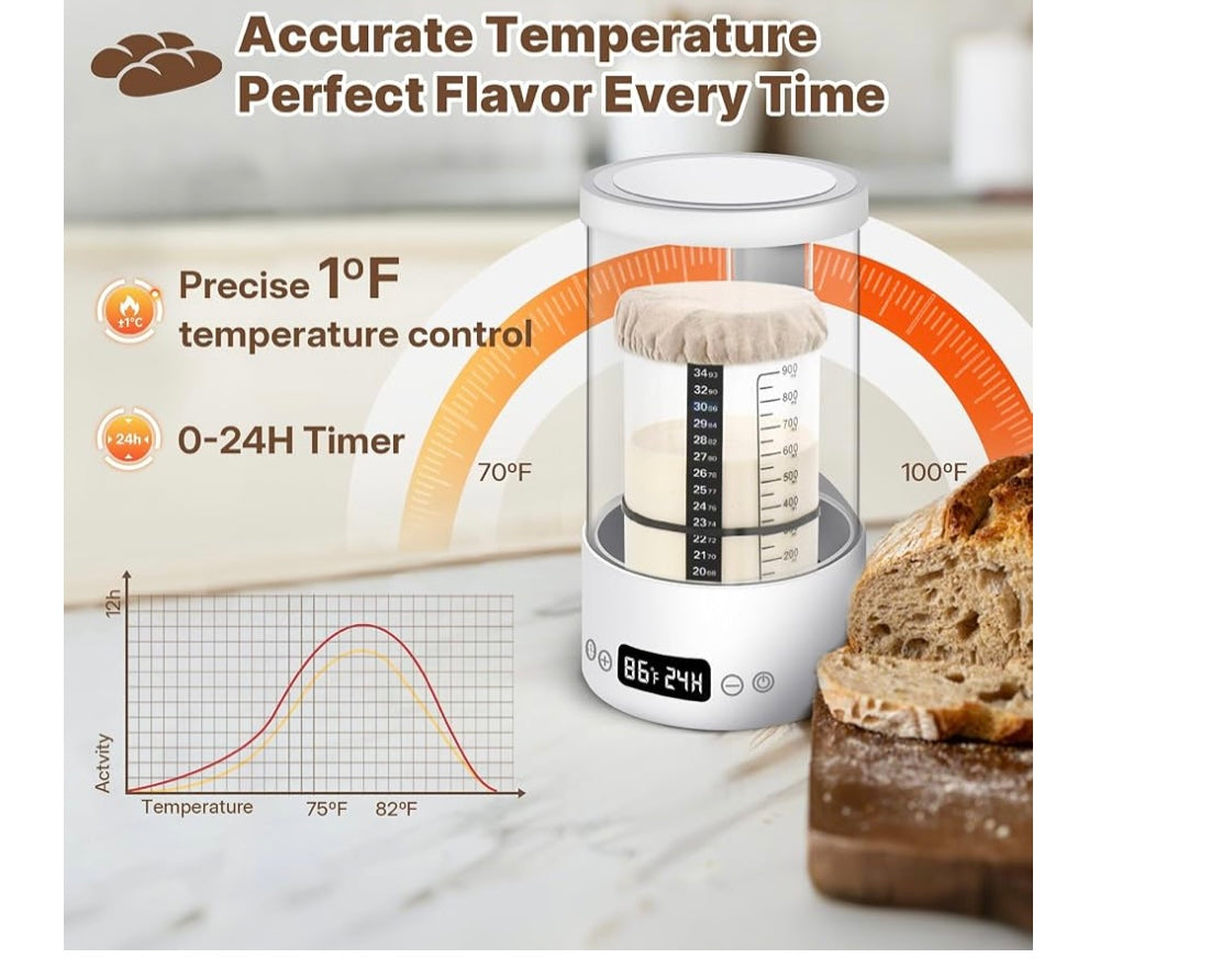 Sourdough Starter Warmer Box, Home Incubator for Starter Fermentation Double Heating Plates and Warming Dome, 70-100°F Precise 1°F Thermostat, 24H Timer Fermentation Sourdough Heater Mat Tool