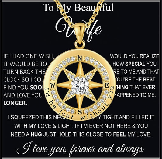 To My Wife Necklace From Husband Compass Necklace For Women Soulmate Future Wife Girlfriend Jewelry Birthday Christmas Valentine's Gifts With Message Card & LED Box