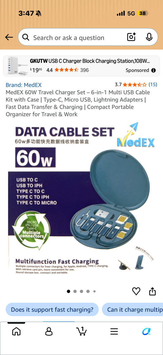 MedEX 60W Travel Charger Set – 6-in-1 Multi USB Cable Kit with Case | Type-C, Micro USB, Lightning Adapters | Fast Data Transfer & Charging | Compact Portable Organizer for Travel & Work