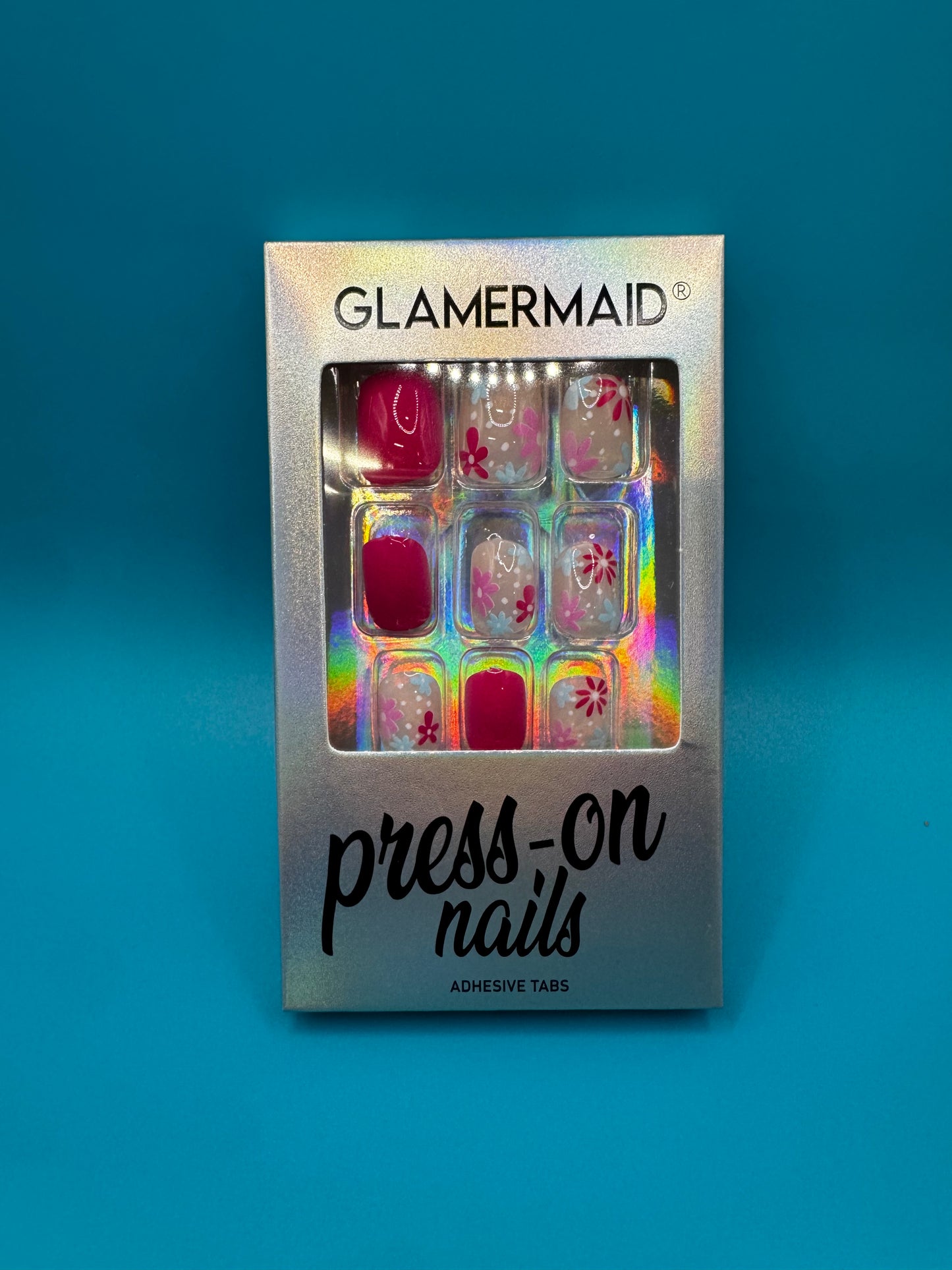 GLAMERMAID Press on Nails Extra Short, Spring Summer Hot Pink Flower Gel Glue on Nails, 24Pcs