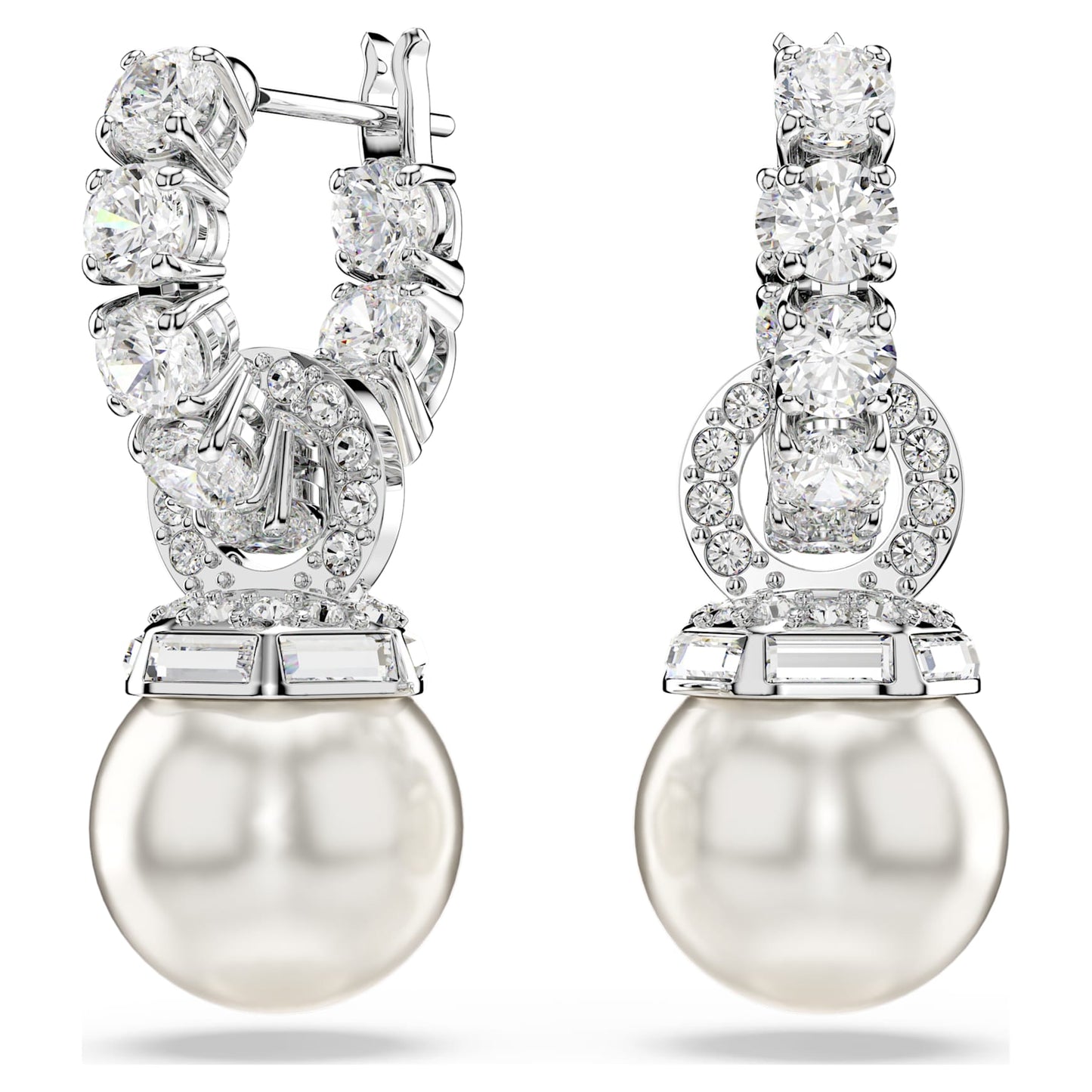 Swarovski Matrix drop earrings Crystal pearl, Round cut, White, Rhodium plated