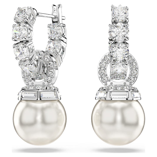 Swarovski Matrix drop earrings Crystal pearl, Round cut, White, Rhodium plated