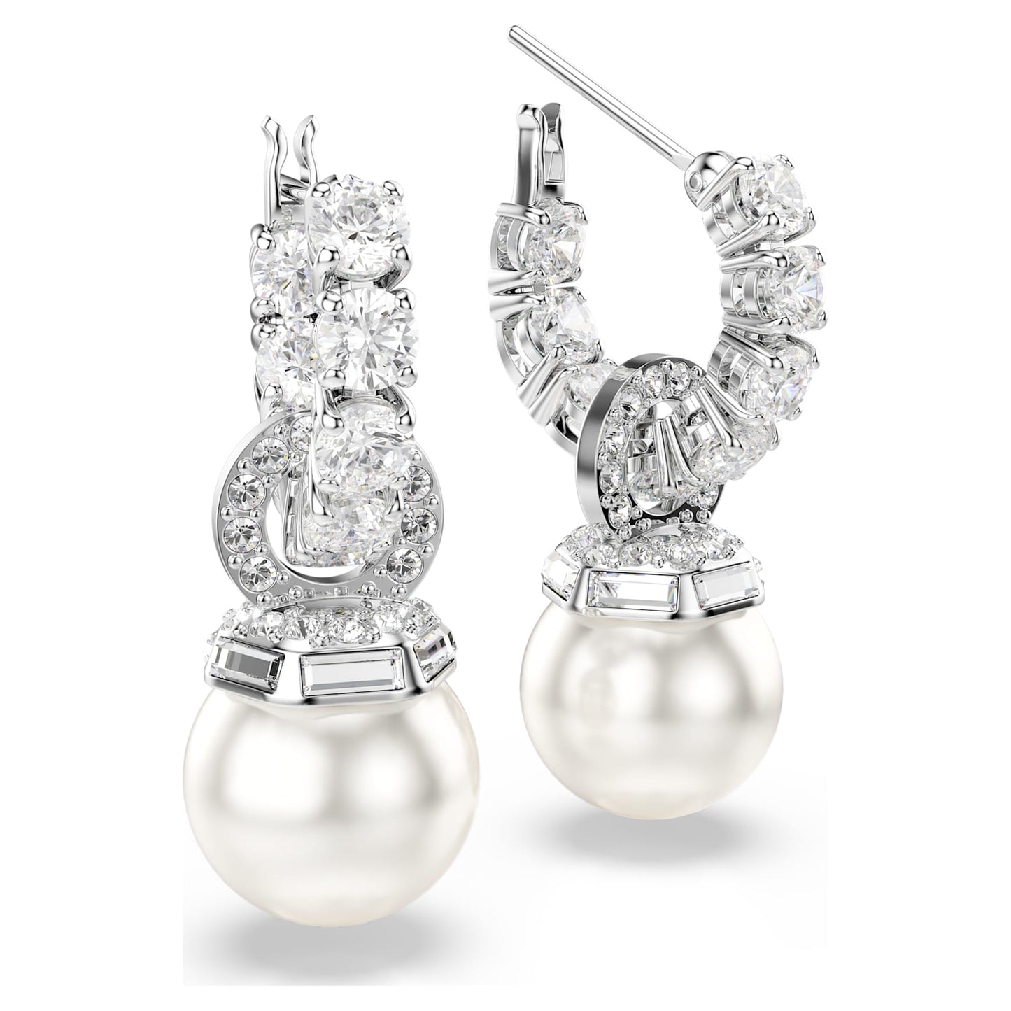 Swarovski Matrix drop earrings Crystal pearl, Round cut, White, Rhodium plated
