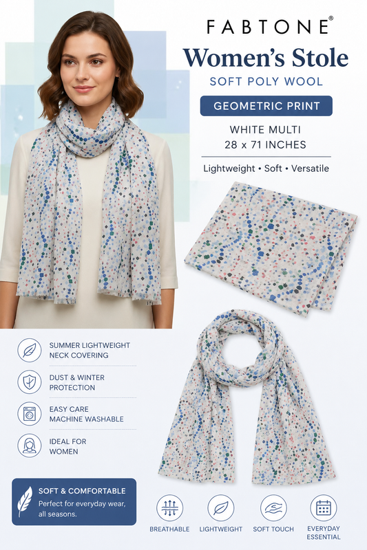 Fabtone Women’s Stole Soft Poly Wool - Geometric Print, White Multi, 28x71 in - Summer Lightweight Neck Covering