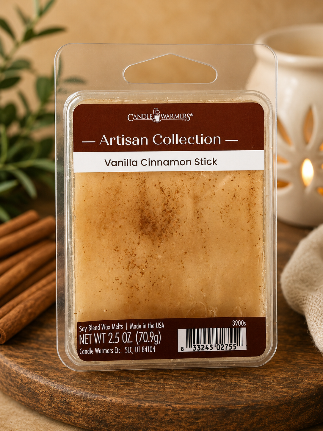 CANDLE WARMERS ETC 2.5 oz Artisan Wax Fragrance Melts | 100% Soy with Hand-Applied Decorative Elements, Vanilla Cinnamon Stick