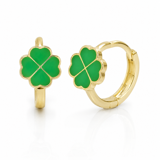 LQXY Gold Huggie Hoop Earrings for Women, 925 Sterling Silver Clover Earrings, Green